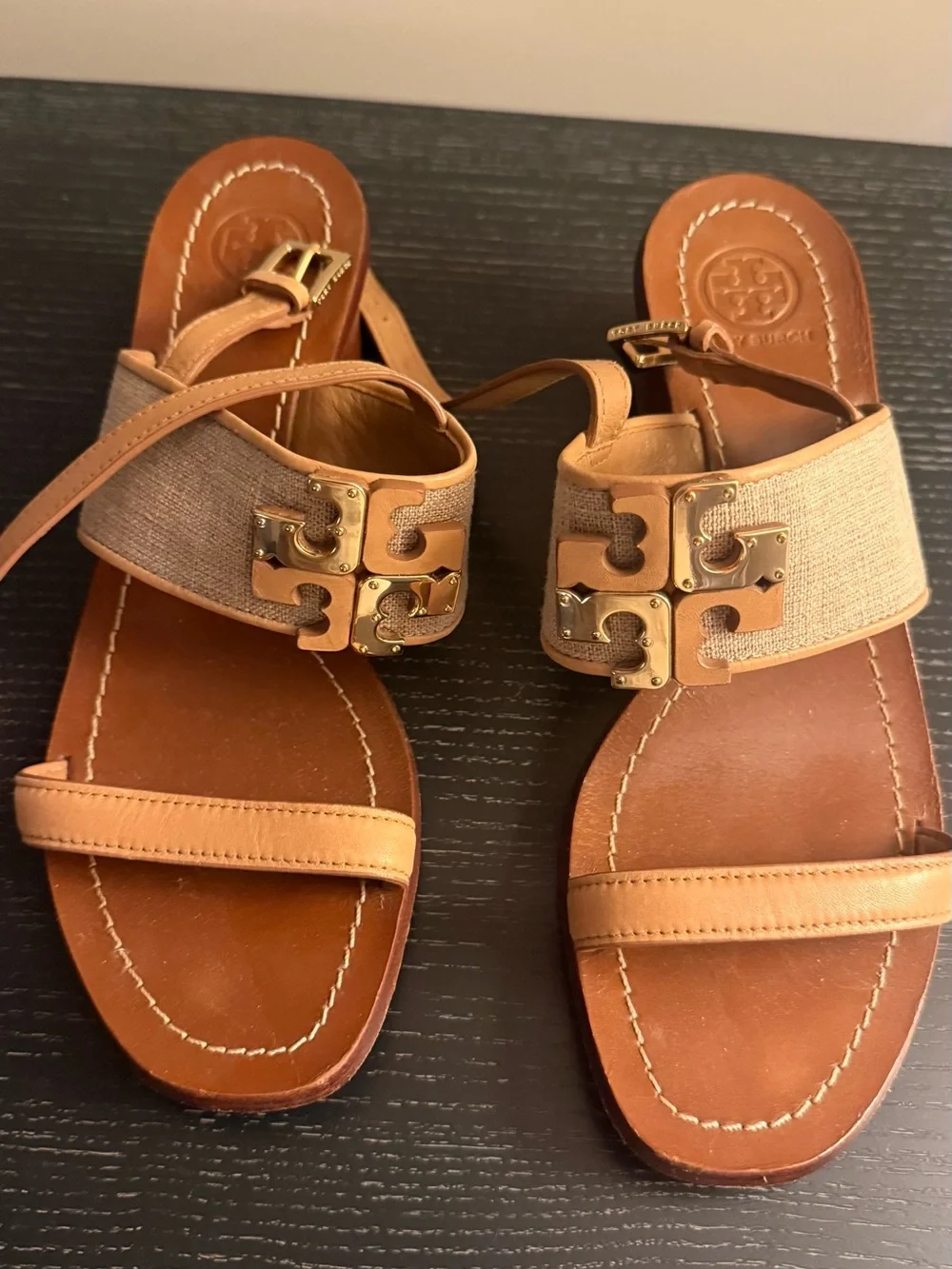 Tory Burch Tan Leather & Canvas Logo-Buckle Sandals